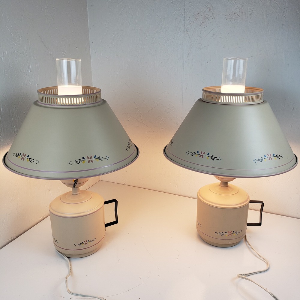Pair Of Vintage Metal Toleware 3-Way Electric Table Lamp Beige Floral 18.5" Tole